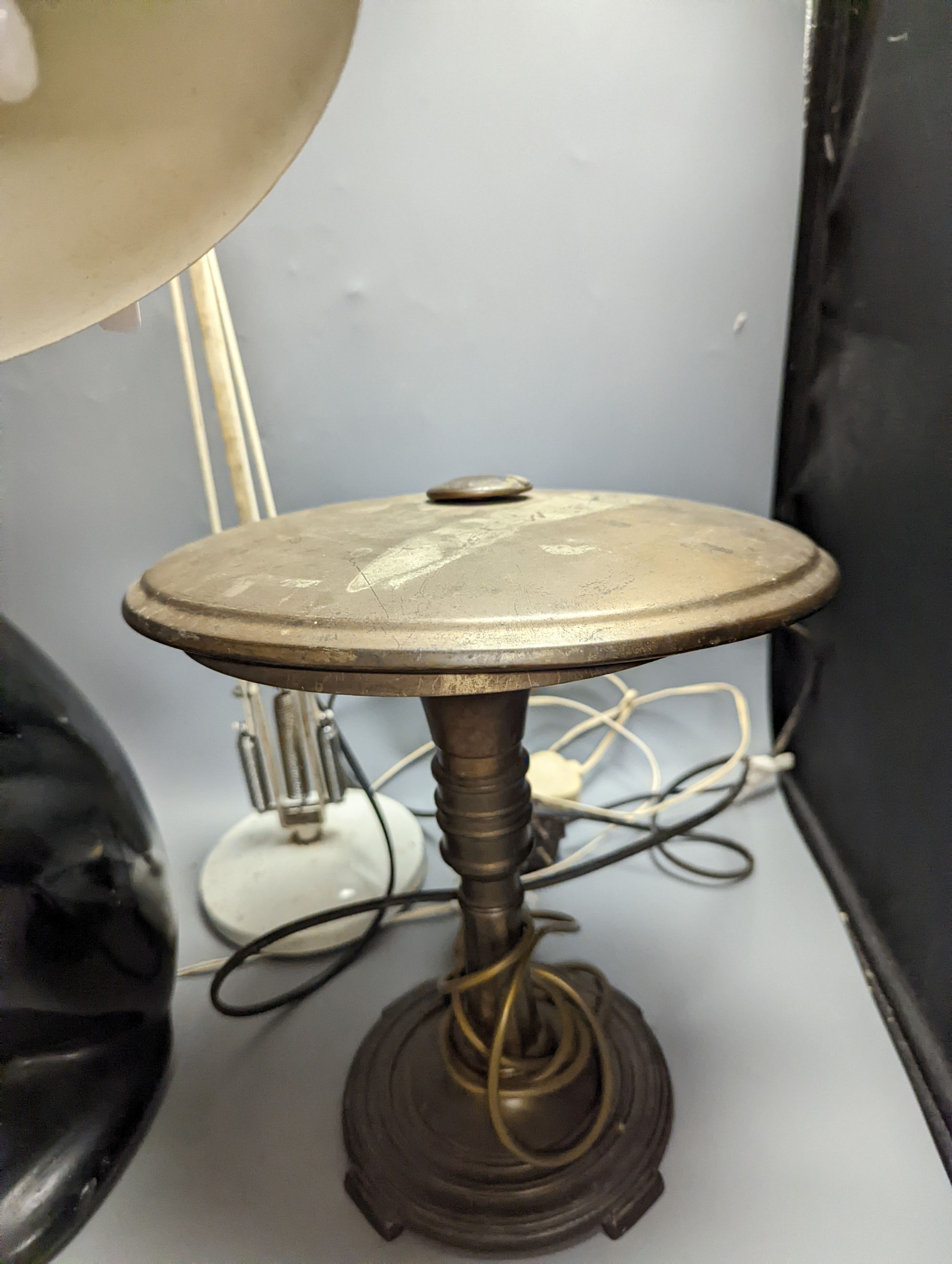 A Sunlight table lamp, Anglepoise lamp and large cat lamp